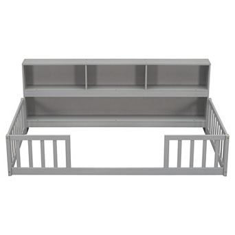 Lufeiya Twin Floor Bed with Bedside Bookcase and Shelves with Guardrails for Kids