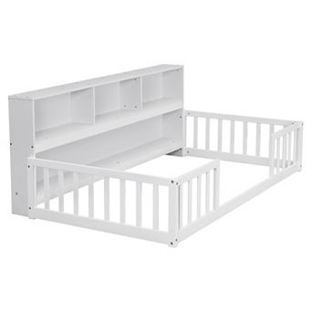 Lufeiya Twin Floor Bed with Bedside Bookcase and Shelves with Guardrails for Kids
