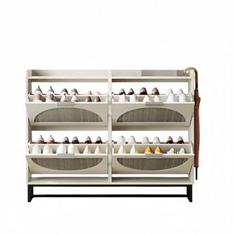 Vabches Rattan Shoe Storage Cabinet 4 Flip Drawers Narrow Entryway Organizer Standing Rack Metal