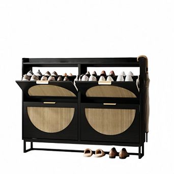 Large Rattan Shoe Storage Cabinet with 4 Flip Drawers, Narrow Shoe Rack Organizer for Entryway