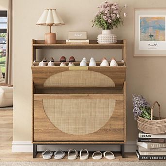 Vabches Rattan Shoe Storage Cabinet 4 Flip Drawers Narrow Entryway Organizer Standing Rack Metal