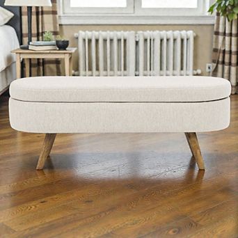 Lufeiya 43.5" Oval Upholstered Storage Ottoman Bench with Pleated Fabric and Rubber Wood Legs
