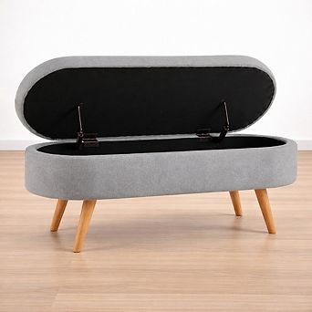 Lufeiya 43.5" Oval Upholstered Storage Ottoman Bench with Pleated Fabric and Rubber Wood Legs