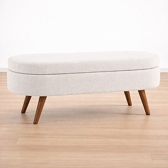 Lufeiya 43.5" Oval Upholstered Storage Ottoman Bench with Pleated Fabric and Rubber Wood Legs