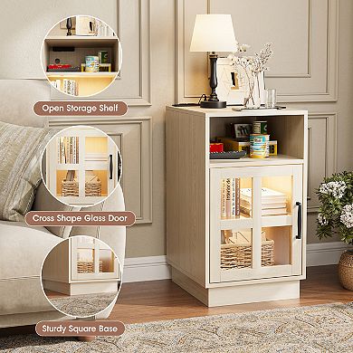 End Table with Charging Station & LED Light, Nightstand with Glass & Adjustable Shelf for Bedroom