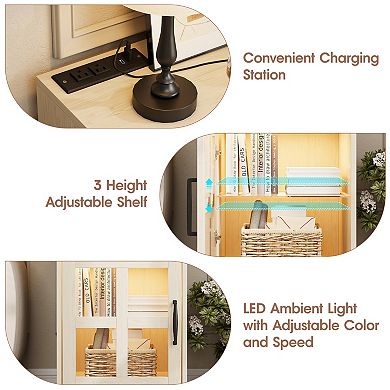 End Table with Charging Station & LED Light, Nightstand with Glass & Adjustable Shelf for Bedroom