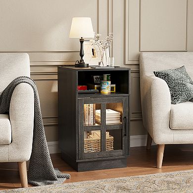 End Table with Charging Station & LED Light, Nightstand with Glass & Adjustable Shelf for Bedroom