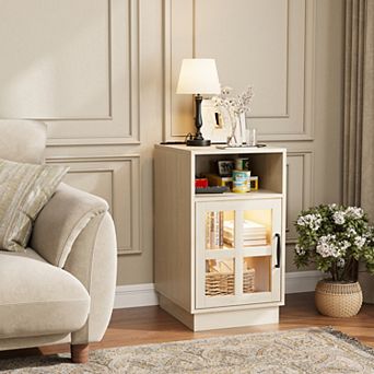 End Table with Charging Station & LED Light, Nightstand with Glass & Adjustable Shelf for Bedroom