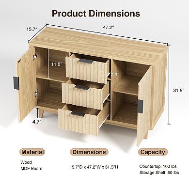 47.2"W Fluted Buffet Cabinet with 3 Drawers & 2 Doors, Sideboard Storage for Living Room Kitchen