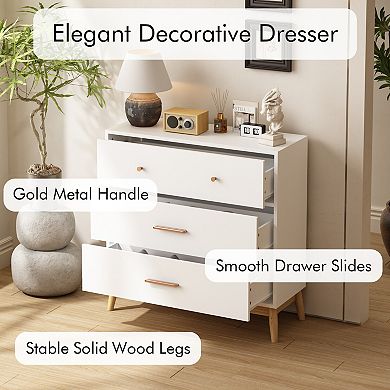 Lufeiya 3 Drawer Dresser with Rose Gold Handles and Solid Wood Legs