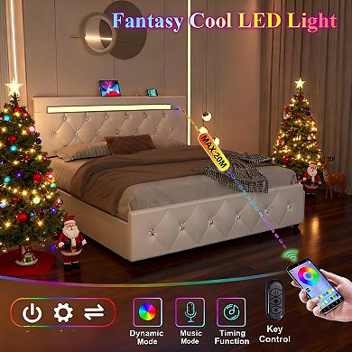 Lufeiya Full Upholstered Bed Frame with Drawers, Adjustable Diamond Headboard and Charging Station