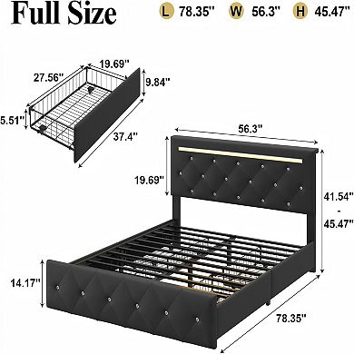 Lufeiya Full Upholstered Bed Frame with Drawers, Adjustable Diamond Headboard and Charging Station