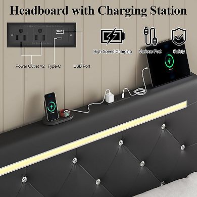 Lufeiya Full Upholstered Bed Frame with Drawers, Adjustable Diamond Headboard and Charging Station