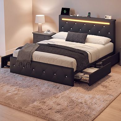Lufeiya Full Upholstered Bed Frame with Drawers, Adjustable Diamond Headboard and Charging Station