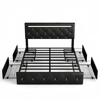 Lufeiya Full Upholstered Bed Frame with Drawers, Adjustable Diamond Headboard and Charging Station
