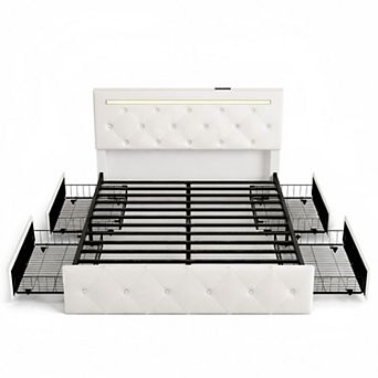 Lufeiya Full Upholstered Bed Frame with Drawers, Adjustable Diamond Headboard and Charging Station