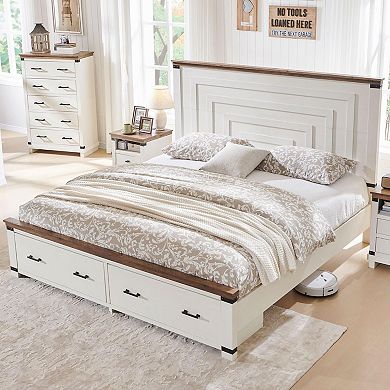 Farmhouse King & Queen Storage Bed Frame, Wood Platform Bed with 2 Drawers & 54" Headboard