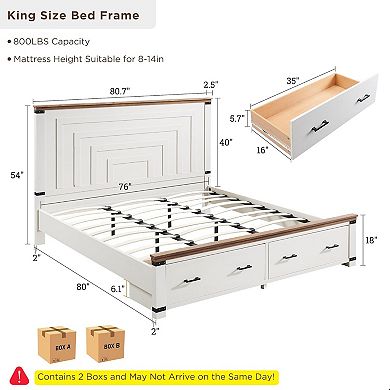 Farmhouse King & Queen Storage Bed Frame, Wood Platform Bed with 2 Drawers & 54" Headboard