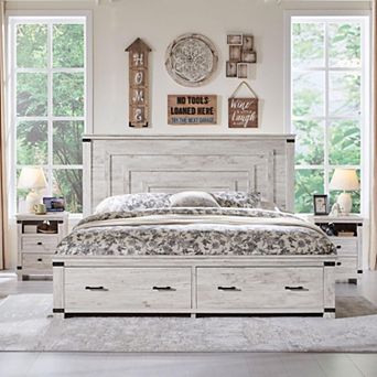 Farmhouse King & Queen Storage Bed Frame, Wood Platform Bed with 2 Drawers & 54" Headboard