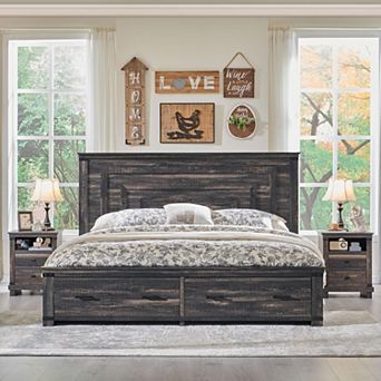 Farmhouse King & Queen Storage Bed Frame, Wood Platform Bed with 2 Drawers & 54" Headboard