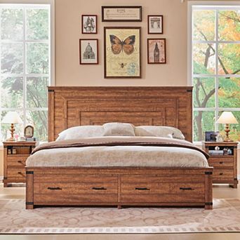 Farmhouse King & Queen Storage Bed Frame, Wood Platform Bed with 2 Drawers & 54" Headboard