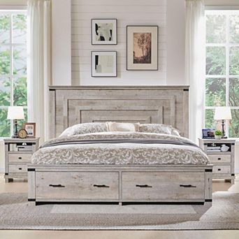 Farmhouse King & Queen Storage Bed Frame, Wood Platform Bed with 2 Drawers & 54" Headboard