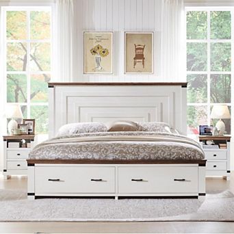 Farmhouse King & Queen Storage Bed Frame, Wood Platform Bed with 2 Drawers & 54" Headboard