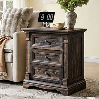 Farmhouse Nightstand with Charging Station, Wood 3 Drawer Bedside Table for Bedroom, Living Room