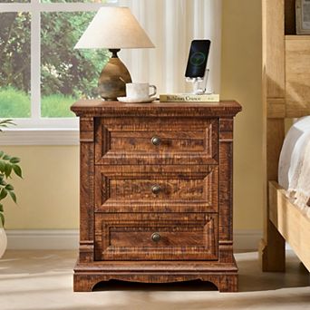 Farmhouse Nightstand with Charging Station, Wood 3 Drawer Bedside Table for Bedroom, Living Room