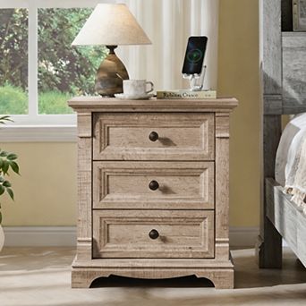 Farmhouse Nightstand with Charging Station, Wood 3 Drawer Bedside Table for Bedroom, Living Room