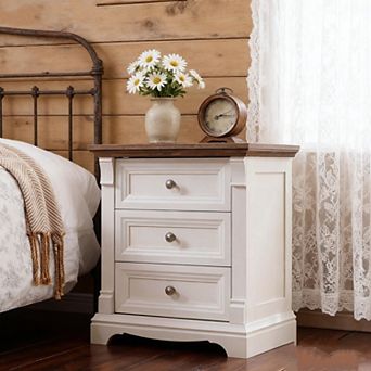 Farmhouse Nightstand with Charging Station, Wood 3 Drawer Bedside Table for Bedroom, Living Room