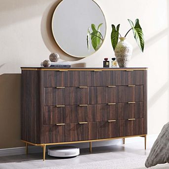 Modern Fluted 9 Drawer Dresser, Wide Wood Storage Chest with Gold Handles for Bedroom