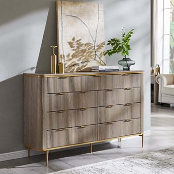 Modern Fluted 9 Drawer Dresser, Wide Wood Storage Chest with Gold Handles for Bedroom