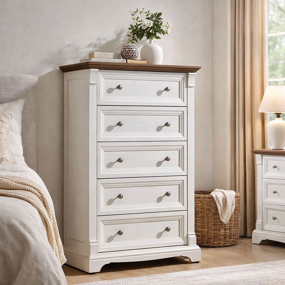 Farmhouse 5 Drawer Dresser for Bedroom, Rustic Wood Storage Chest of ...