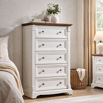 Farmhouse 5 Drawer Dresser for Bedroom, Rustic Wood Storage Chest of Drawers with Roman Column