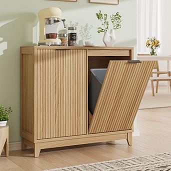 Double Tilt Out Trash Can Cabinet with Odor Control, Outlets, Fluted Trash Cabinet 13 Gallon