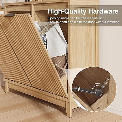 Double Tilt Out Trash Can Cabinet with Odor Control, Outlets, Fluted Trash Cabinet 13 Gallon