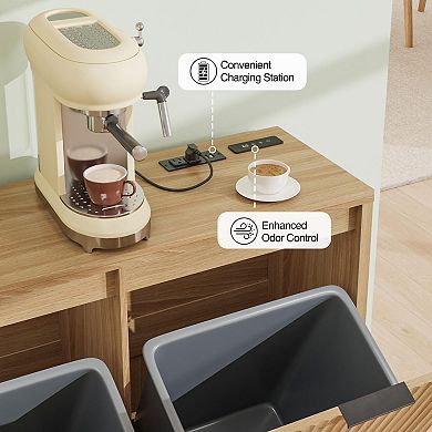 Double Tilt Out Trash Can Cabinet with Odor Control, Outlets, Fluted Trash Cabinet 13 Gallon