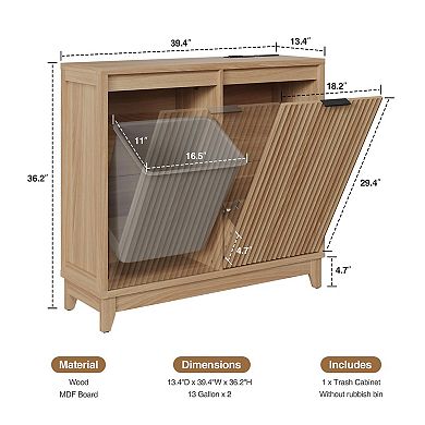 Double Tilt Out Trash Can Cabinet with Odor Control, Outlets, Fluted Trash Cabinet 13 Gallon