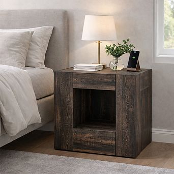 Modern 24" Nightstand with Charging Station, Farmhouse Wood Bedside Table w/ Drawer and Open Shelf