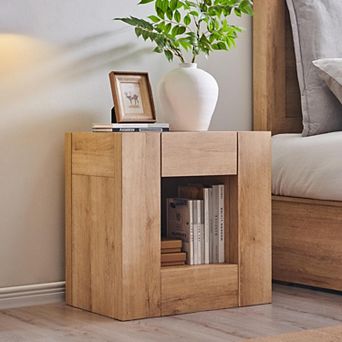 Modern 24" Nightstand with Charging Station, Farmhouse Wood Bedside Table w/ Drawer and Open Shelf