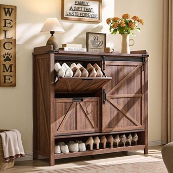 Farmhouse Shoe Cabinet with 4 Flip Drawers & Sliding Door, Entryway Shoe Racks Storage Organizer