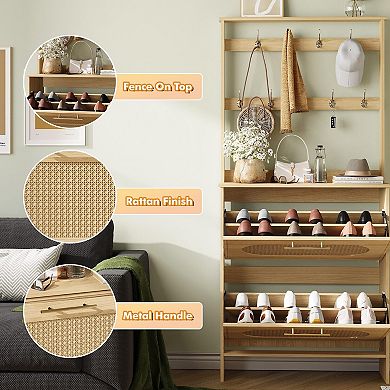 Tall Shoe Storage Cabinet with Coat Rack Hooks, 2 Rattan Flip Drawers & Open Shelf for Entryway