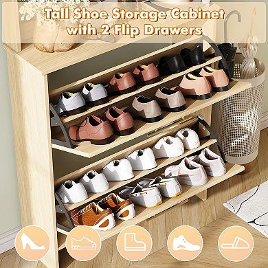 Tall Shoe Storage Cabinet with Coat Rack Hooks, 2 Rattan Flip Drawers & Open Shelf for Entryway