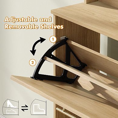 Tall Shoe Storage Cabinet with Coat Rack Hooks, 2 Rattan Flip Drawers & Open Shelf for Entryway