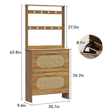 Tall Shoe Storage Cabinet with Coat Rack Hooks, 2 Rattan Flip Drawers & Open Shelf for Entryway