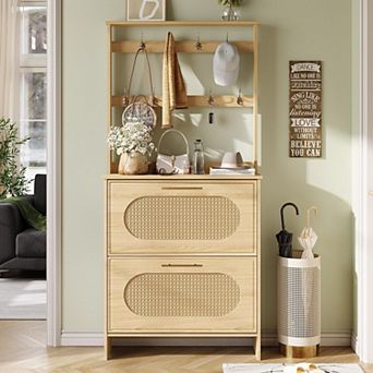 Tall Shoe Storage Cabinet with Coat Rack Hooks, 2 Rattan Flip Drawers & Open Shelf for Entryway