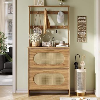 Tall Shoe Storage Cabinet with Coat Rack Hooks, 2 Rattan Flip Drawers & Open Shelf for Entryway