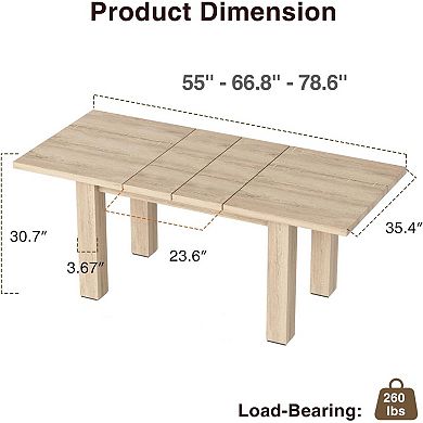 Extendable Dining Room Table, 55" to 78" Rustic Expandable Rectangle Dining Table for 6 8 10