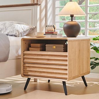 Mid Century Modern 24" Nightstand w/ Charging Station, Wood Bedside Table w/ Drawer and Open Shelf
